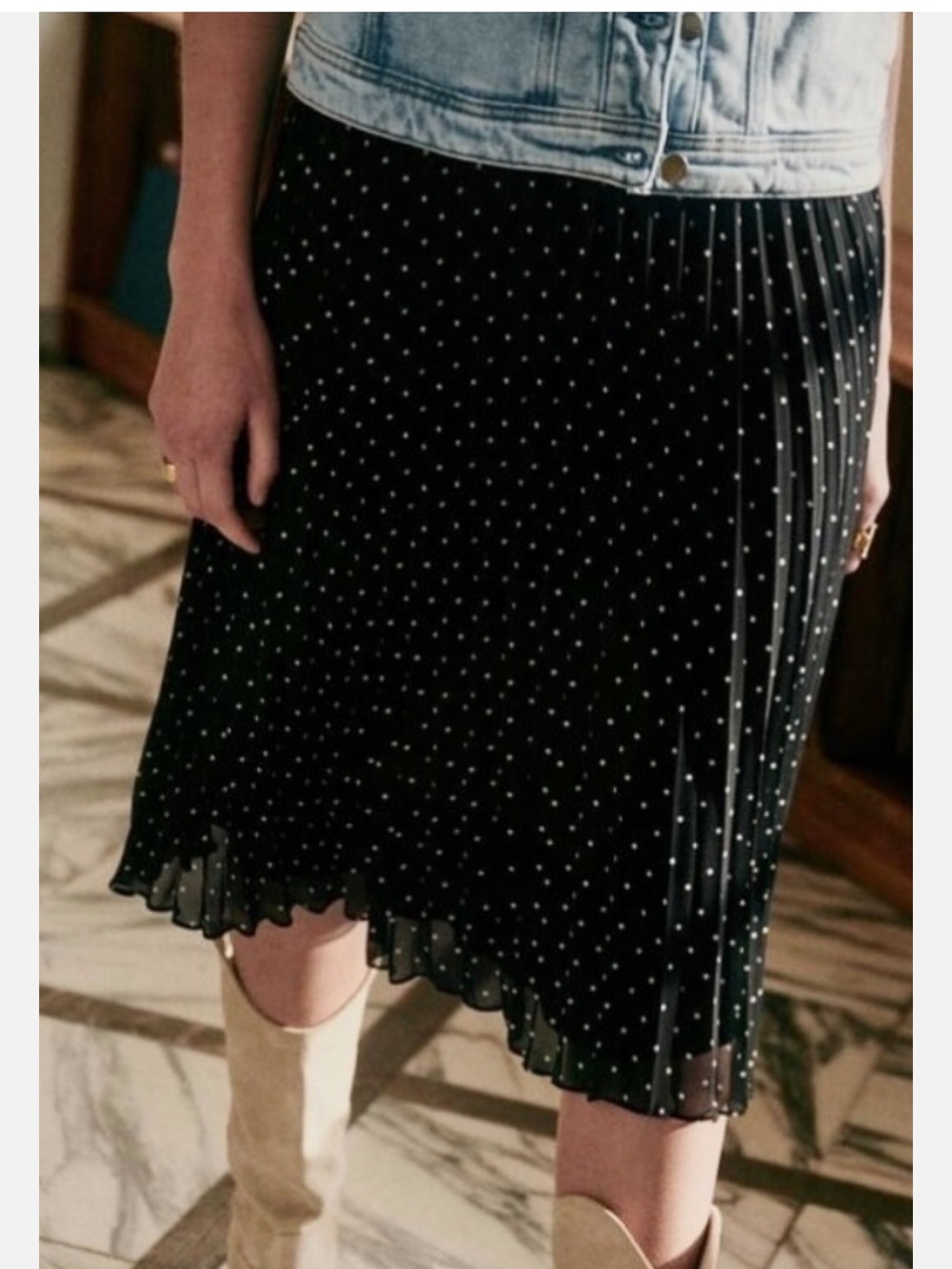 Sezane Black Polka Dot Pleated Midi Skirt